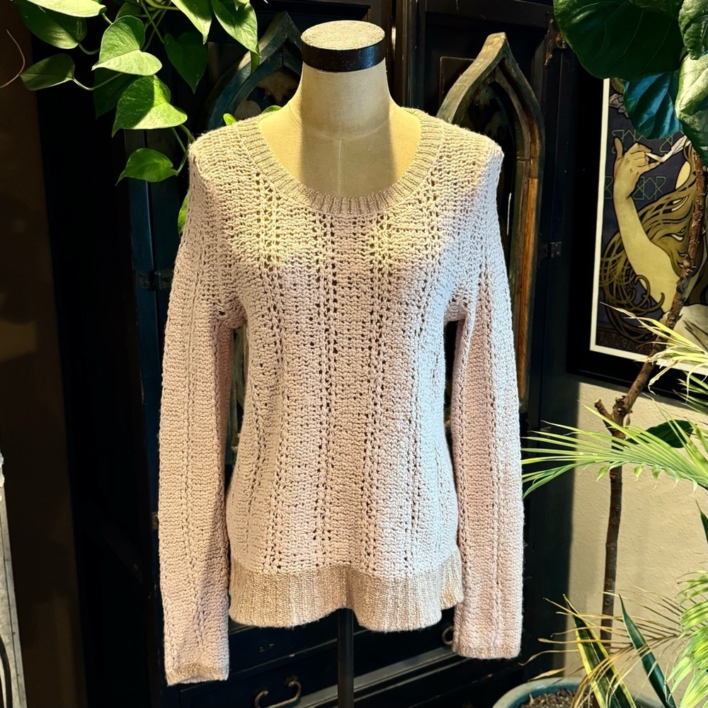 Anthropologie pull over knit sweater gold metallic weave